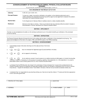 ACKNOWLEDGMENT OF NOTIFICATION OF FORMAL PHYSICAL EVALUATION BOARD HEARING DA FORM 5890, AUG 2010 - 
