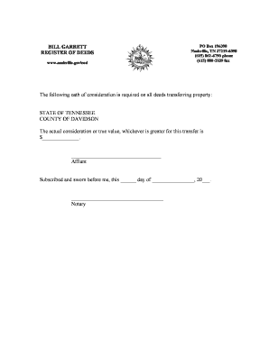 Tennessee Deed Oath of Consideration
