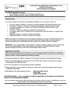 CBR-601 Application for Enrollment in the Child Care Division s Central Background Registry