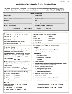 Medical Data Worksheet for Child s Birth Certificate