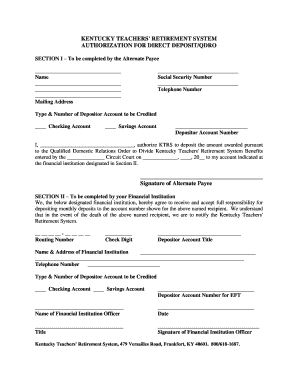 KTRS Authorization for Direct Deposit QDRO - Kentucky Teachers - ktrs ky