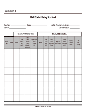 Student history worksheet