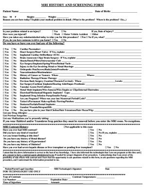 MRI History and Screening Form