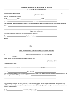 Acknowledgement of Disclosure by Dealer of Damage to Motor Vehicle