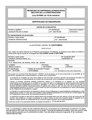 REGISTRO DE EMPRESAS ACREDITADAS SECTOR DE LA CONSTRUCCIN (Ley 32 2006, de 18 de octubre) CERTIFICAD