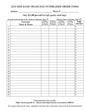2010 MHS Band Trash Bag Fundraiser Order Form