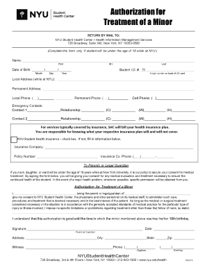 NYU Student Authorization for Health Center Treatment of a Minor