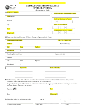 Indiana Power of Attorney Form POA-1