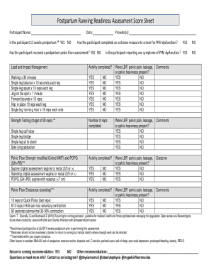Postpartum Running Readiness Assessment Score Sheet