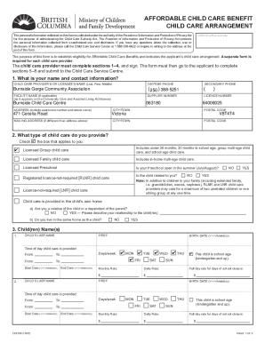 Affordable Child Care Benefit Child Care Arrangement Form