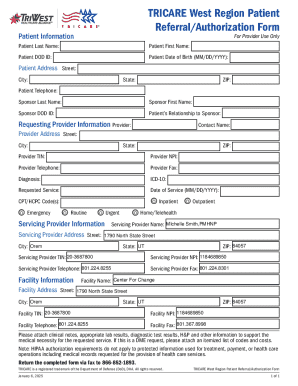 Tricare West Region Patient Referral authorization Form