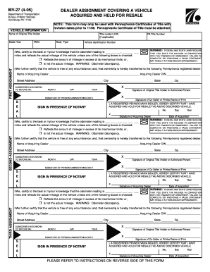 Pennsylvania Dealer Assignment Form MV-27