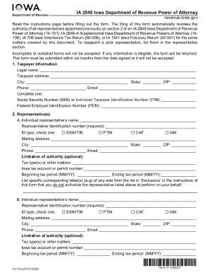 14-101 IA 2848 Iowa Department of Revenue Power of Attorney Form