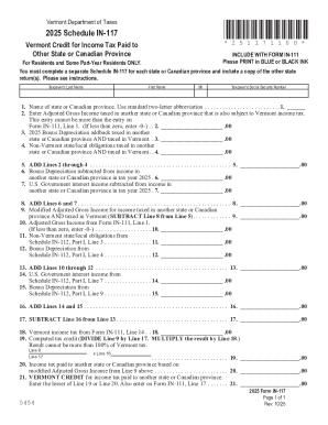 2025 Schedule IN-117, Vermont Credit for Income Tax Paid to Other State or Canadian Province
