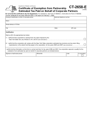 Form CT-2658-E Certificate of Exemption from Partnership Estimated Tax Paid on Behalf of Corporate P