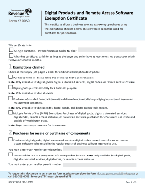 Form 27-0050 - Digital Products and Remote Access Software Exemption Certificate