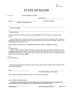 Maine Waiver of Notice for Estate