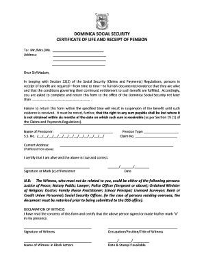 Dominica Social Security Certificate of Life and Receipt of Pension