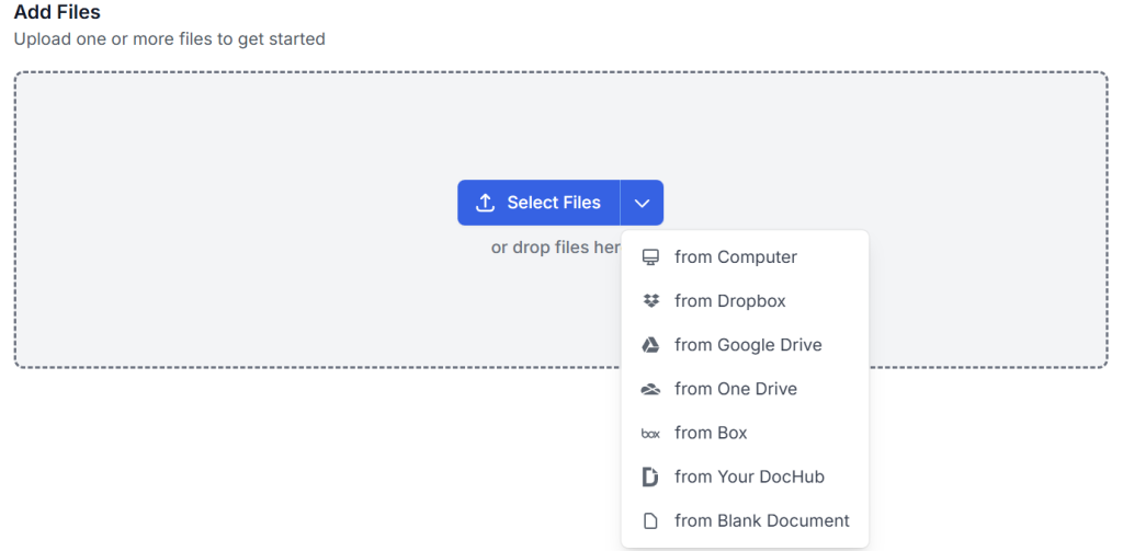 DocHub’s file upload interface with select files button and options to upload from computer, Dropbox, Google Drive, OneDrive, Box, or DocHub.