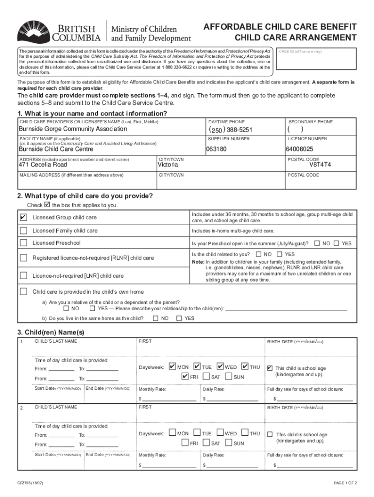 Affordable Child Care Benefit Child Care Arrangement Form Preview on Page 1