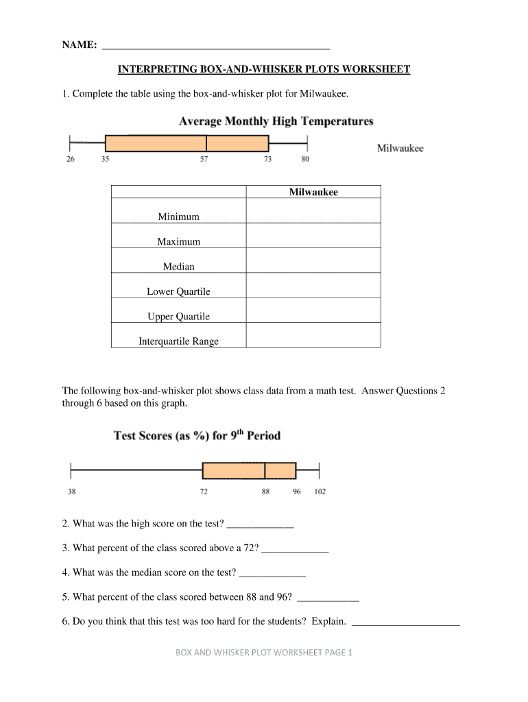 Box and Whisker Plot Worksheet Preview on Page 1