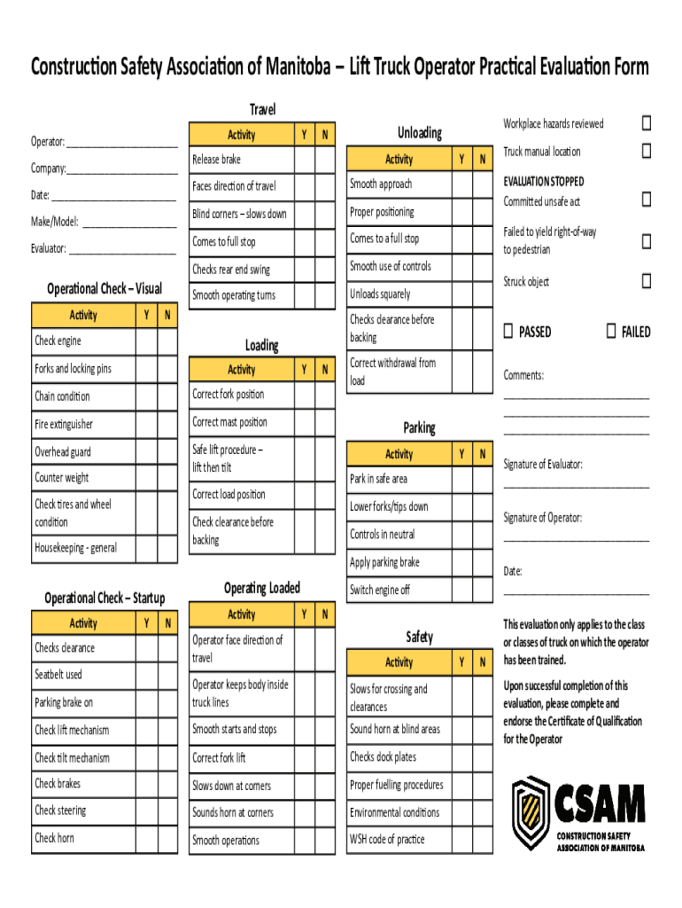Lift Truck Operator Practical Evaluation Form Preview on Page 1