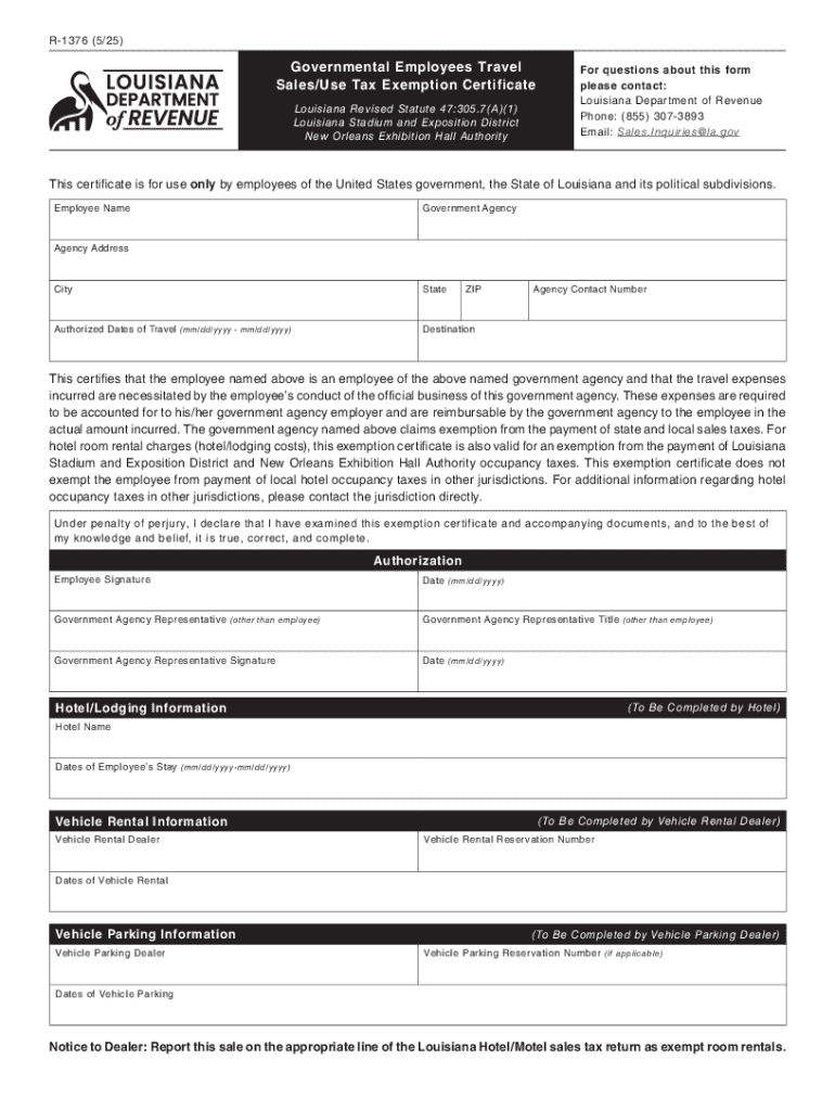 R-1376: Governmental Employees Travel Sales Use Tax Exemption Certificate Preview on Page 1
